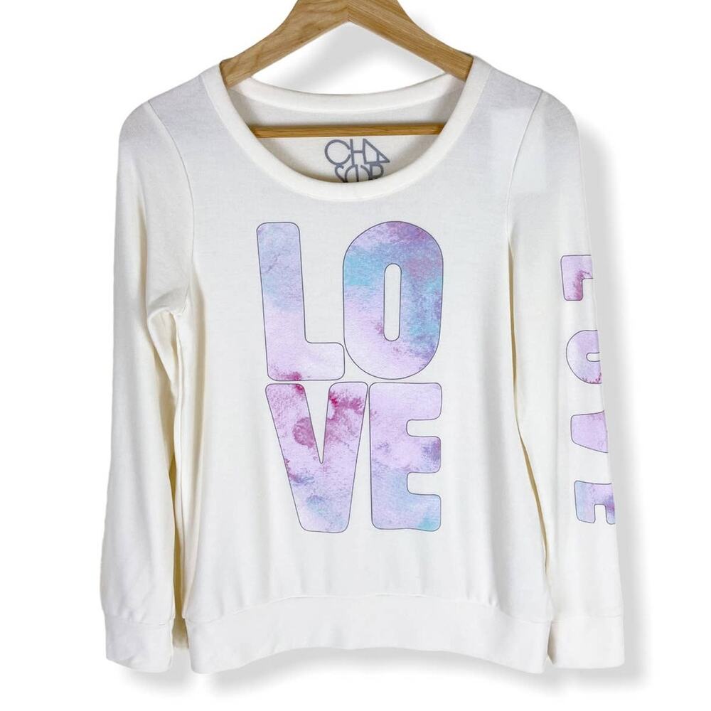 CHASER Graphic Print Love Sweatshirt Size S Ivory Cream Knit Pullover‎